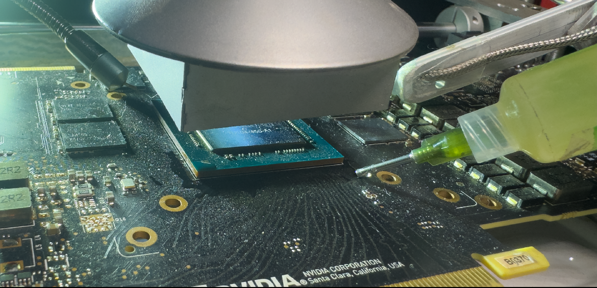 BGA rework station heating GPU core chip with thermocouples and flux application