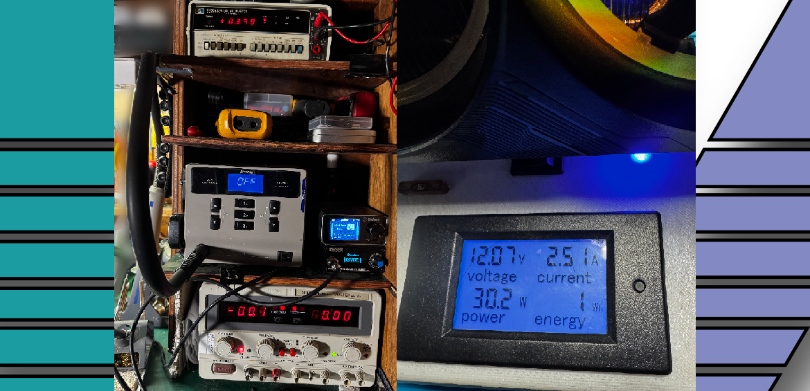 NVIDIA RTX 4090 GPU connected to custom PCIe power supply tester and benchtop meters